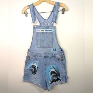 Jaws Womens Denim Short Overalls Size 12 Rue 21  Themed Upcycled Handmade